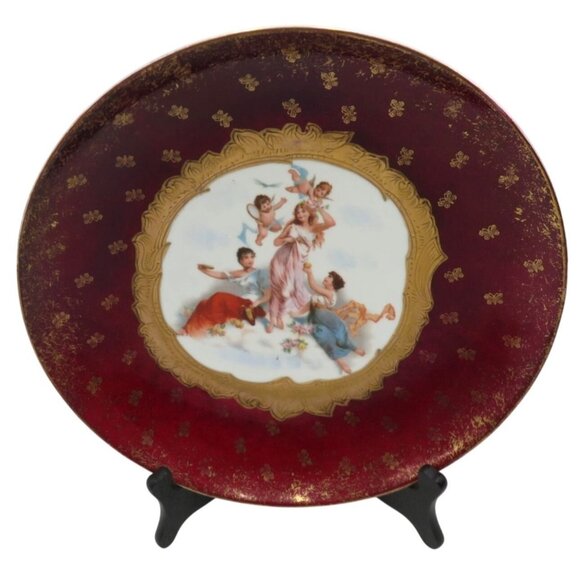VICTORIA Carlsbad Austria Ruby Red Gilded PLATE 3 Ladies 2 Cherubs Vintage 12" - Picture 1 of 10